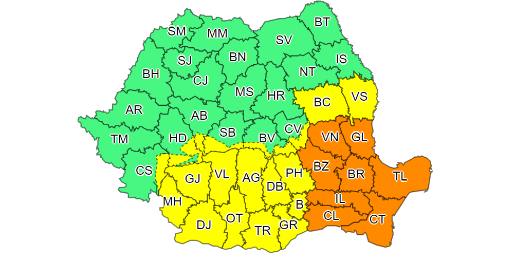 Cod portocaliu de vreme severă în opt județe