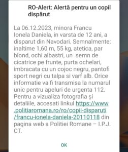 Mesaj RO-ALERT minoră dispărută în Năvodari